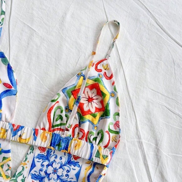 Multicolor Boho Women's Sicily Style Cutout Back Double Layered Short Dress - Picture 3 of 6